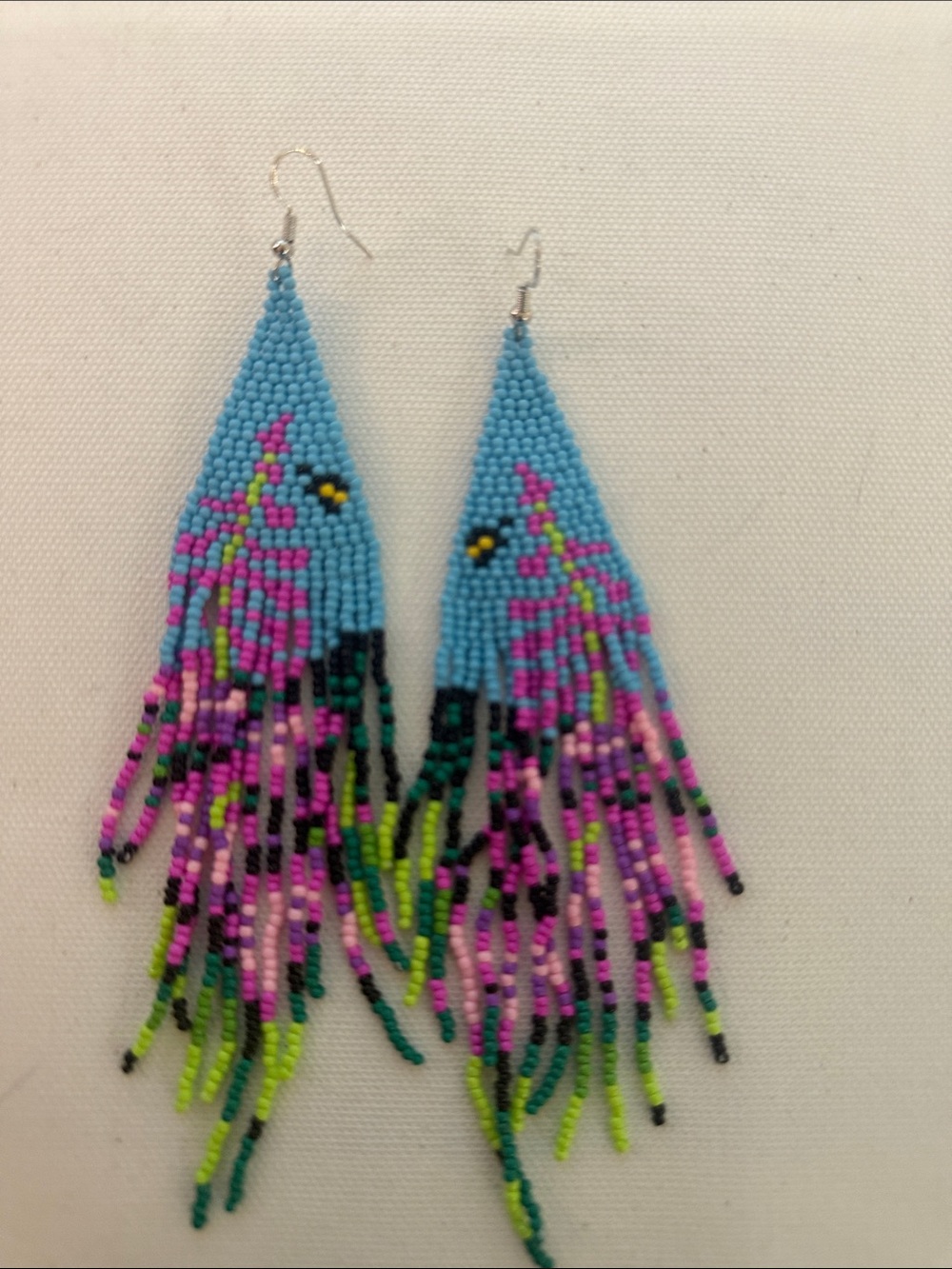 Handmade Blue and Pink Beaded Fringe Earrings. Fireweed.